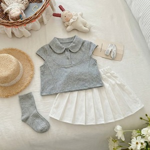 Gray Polo Collar Top And Pleated Skirt Set For Baby Girls Breathable Summer Outfit - Product Image 2