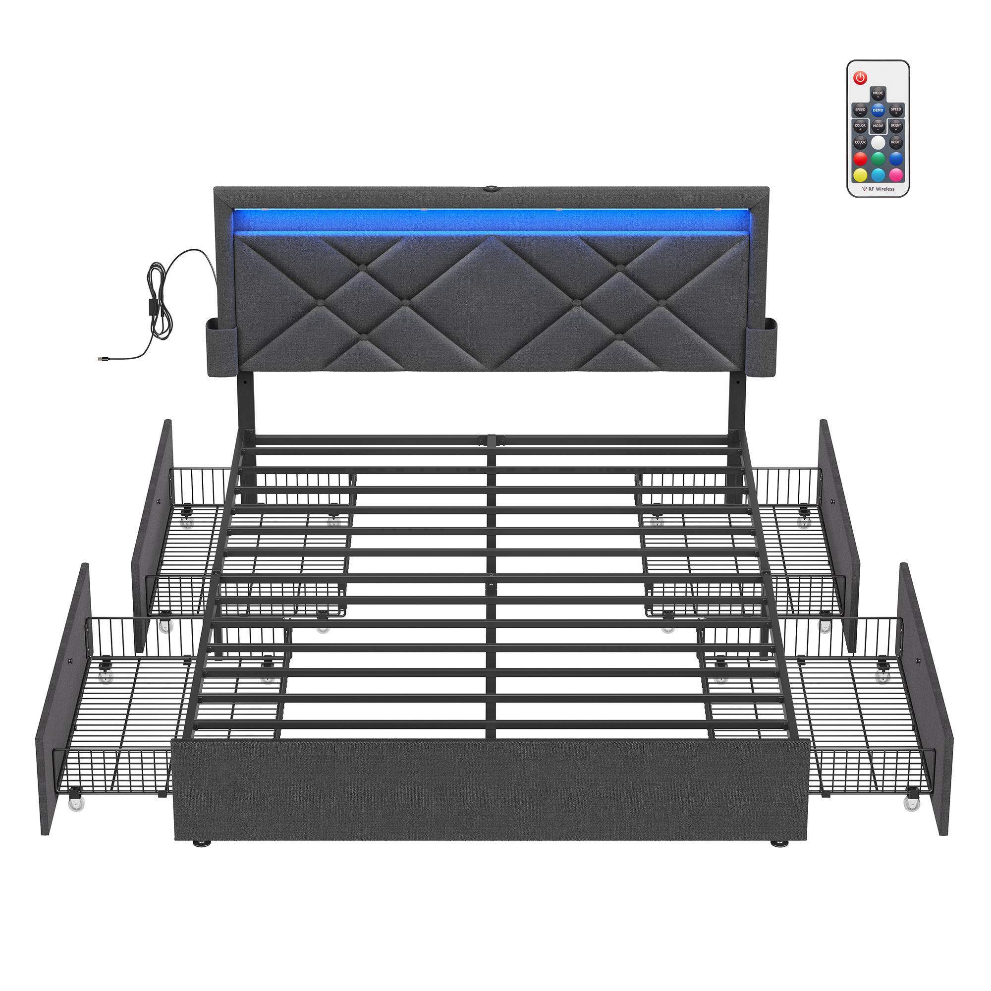 VASAGLE – cadre de lit réglable, taille king, cadre de lit touffeté, cadre de lit queen avec rangement et tête de lit, lumières led