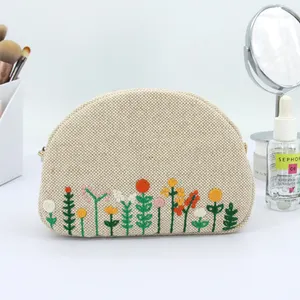 BSCI Travel Jute Kleine Kosmetik tasche Benutzer definierte bestickte Blumen Blumen Leinen Make-up Beutel Tasche