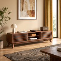 Mueble para TV de Madera de Nogal Estilo Moderno de Mediados de Siglo, Consola Multimedia con Puertas Corredizas, Estantes Abiertos, Patas Cónicas, Compatible con TV de 65 Pulgadas, OEM ODM