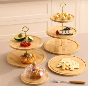 Nordic Style Single/Double/Three Layers Bamboo Snack Container Stand Desert Dried Fruit Serving Dish Cake Storage Plate
