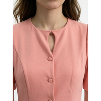 Robe rose à manches bouffantes avec col et boutons sur le devant, longueur genou, printemps-été pour femmes