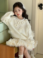 Ensemble pull tricoté chaud pour filles, motif floral blanc, manches longues, col rond, style décontracté, tenue d'hiver + jupe courte
