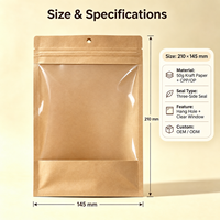 Pochette en papier kraft avec fenêtre et trou de suspension, sac scellé sur trois côtés en CPP/OP 50g pour l'emballage de chaussettes, sous-vêtements et vêtements, taille personnalisée