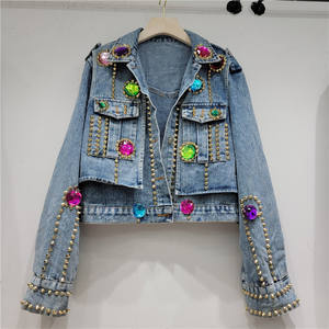 Denim <b>Jacket</b> With <b>Rhinestone</b> Beading And Studs Casual Regular Fit Short Women's Coat - Product Image 3