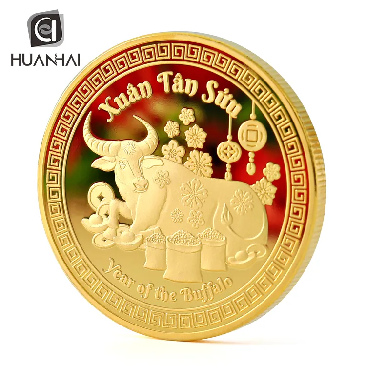 Fábrica de logotipo personalizado 3D en relieve brillante oro moneda de metal de lujo regalos del festival