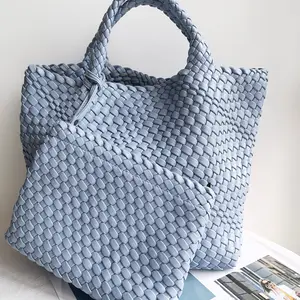Wholesale selling hand woven handbag for women Fashion design large capacity PU leather tote bag A set of two packs
