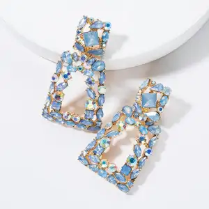 Pendientes de acrílico azul grande de aleación Vintage a la moda, Pendientes colgantes cuadrados geométricos dorados con diamantes de imitación, joyería para niñas
