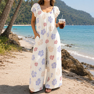 Mono largo informal de verano al por mayor, holgado, con estampado Aloha, elástico, personalizado, transpirable, de lino y algodón. - Product Image 3