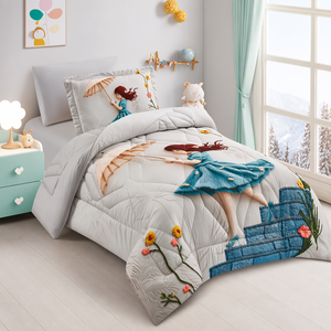 Juego de Ropa de Cama Infantil con Apliques de Niña con Sombrilla, Pompones y Flores, Edredón Blanco y Gris para Habitación Infantil - Product Image 2