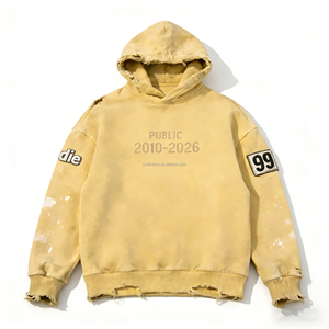 เสื้อฮู้ดดี้ผู้ชายแบบสวมหัว OEM ผลิตตามสั่ง ผ้าหนา 400gsm สกรีนลายปัก ตกแต่งแบบดิสเทรส ลายวาดมือ - Product Image 1