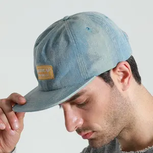 Высококачественная джинсовая шапка с вышивкой и логотипом на заказ, Классическая Потертая джинсовая ткань, 6 папин Кепка с кожаным ремешком