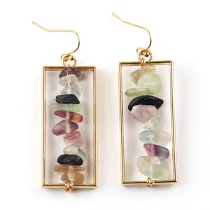 New Design Lady Holiday Gift 4.2CM Alloy Rectangle Earrings Amazonite Gravel Coral Shell Fluorite Earring