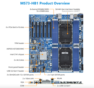 เมนบอร์ดเซิร์ฟเวอร์ MS73-HB1 รองรับซีพียู Xeon Scalable แบบสองซ็อกเก็ต DDR5 PCIe 5.0 แพลตฟอร์มศูนย์ข้อมูลระดับองค์กรใหม่สี่ตัว MS73 HB1 - Product Image 3