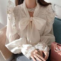 Chemisiers amples à manches évasées pour femmes, nouvelle collection automne, avec broderie de nœud papillon et dentelle florale, vente en gros