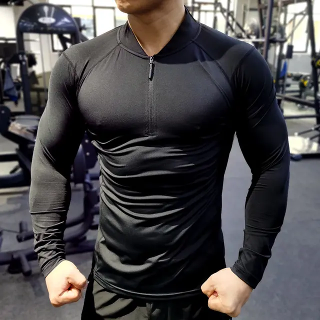 Camisa de treino Homens Body Fit Quick Dry Sport Gym Fitness T Shirt 1/4 Zipper Plain Camisas de manga comprida para homens