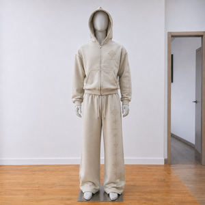 Ensemble de survêtement décontracté pour <span class=keywords><strong>homme</strong></span> en coton, molleton gris, sweat à capuche zippé et pantalon de jogging, avec logo imprimé numérique rose, style streetwear - Product Image 3