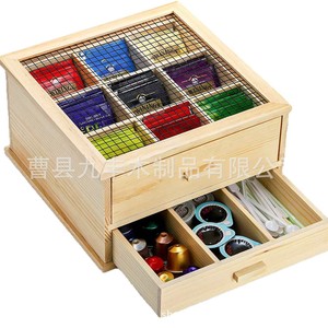 Boîte de rangement pour thé et café en bois massif, organisateur à tiroirs multi-compartiments pour sachets de thé, dosettes de café, utilisation dans le salon - Product Image 5