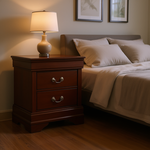 Mesa de Noche de Madera Maciza con Acabado en Cerezo, 2 Cajones, Diseño Moderno, Muebles para Dormitorio - Product Image 2