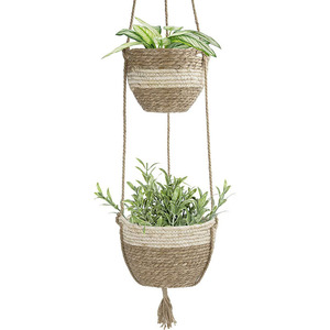 Pots de fleurs suspendus d'extérieur, paniers en algues marines naturelles, pots de plantes d'intérieur, paniers à fleurs suspendus tissés gris et beiges. - Product Image 1
