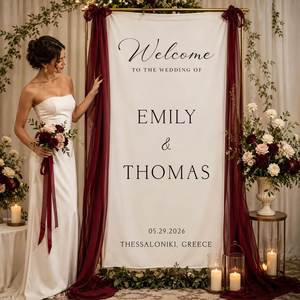 Panneau de bienvenue personnalisé en lin pour mariage, bannière en tissu avec noms et date, affiche suspendue pour la décoration de la cérémonie et de la réception - Product Image 1