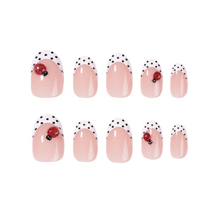 <span class=keywords><strong>Uñas</strong></span> Postizas <span class=keywords><strong>Cortas</strong></span> Almendradas Color Nude <span class=keywords><strong>con</strong></span> Punta Francesa Blanca y Puntos Negros, Reutilizables para Mujeres, Venta al Por Mayor - Product Image 3