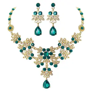 Bridal Necklace Earrings Crystal Bridal Jewellery Set Rhinestone Bridesmaid Gifts Green Wedding statement jewelry set