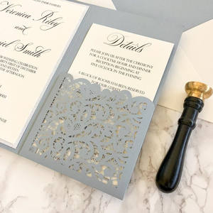 Suite d'invitation de mariage élégante à paillettes bleu poussiéreux découpées au laser à trois volets pour anniversaire Sweet 15 16 - Product Image 5