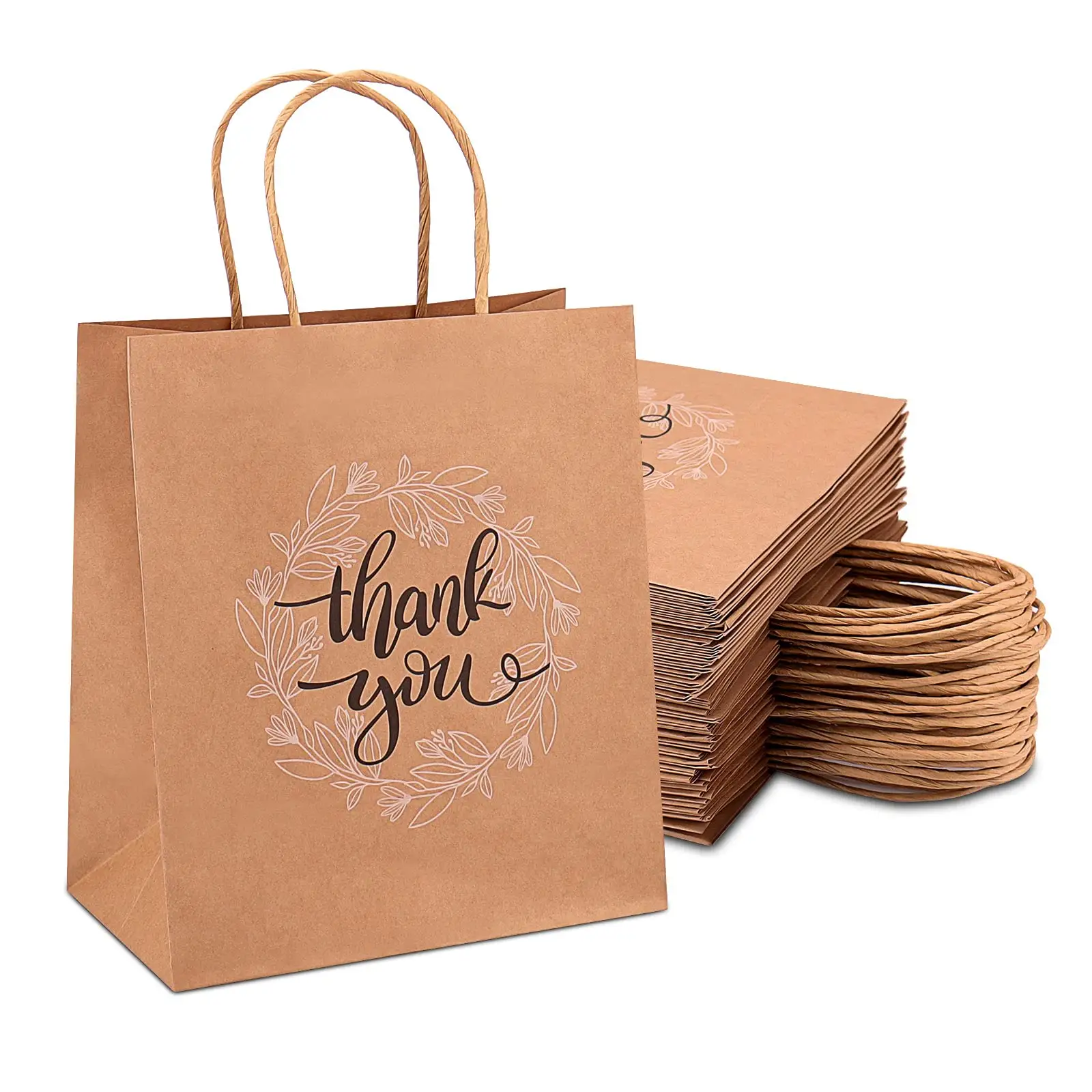 KM Thank You Gift Bags Bulk with Handle, Brown Kraft Paper Bags for Retail Shopping, Wedding, Goodies, Merchandise for Customers