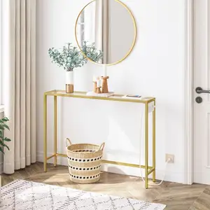 Venta al por mayor de mesa de consola de vidrio templado de madera de lujo de estilo moderno de metal dorado de color dorado mesa de pasillo muebles de sala de estar