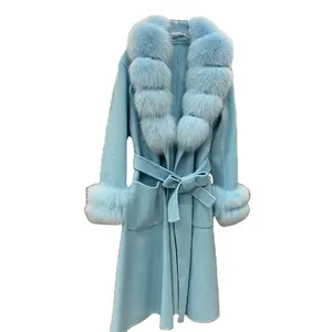 Jtfur Winter fashion ladies wool coats fox fur collar elegant women long coat wool