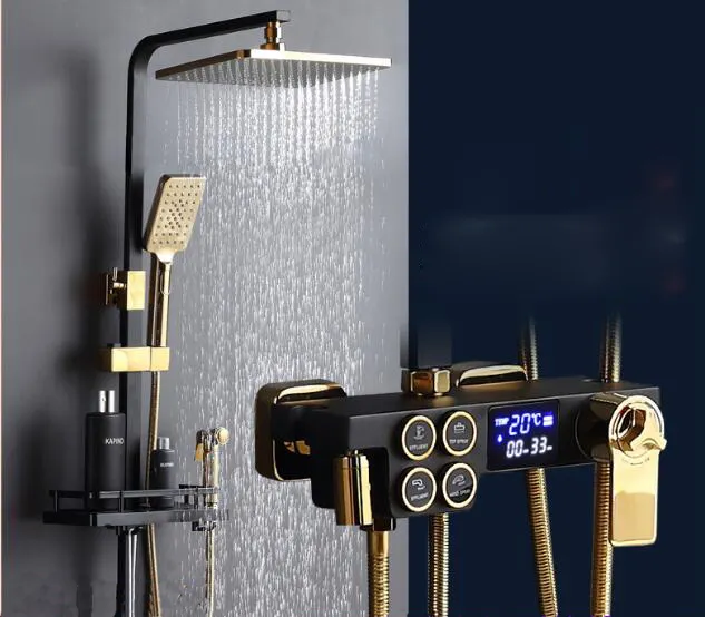 Black Gold American Style Thermostatic Brass Shower Set booster nozzle With Bidet Shattef Shower Faucet Mixer Tap SF0262