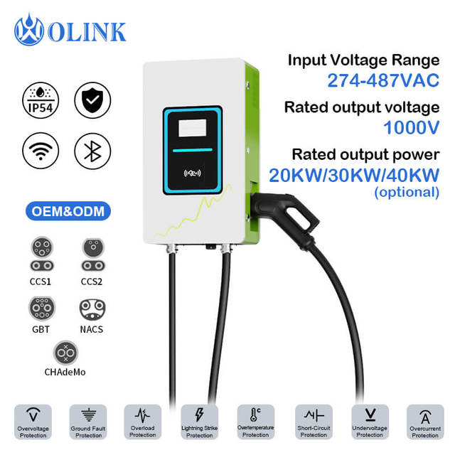 OLINK 20KW 30KW DC Quick Charge Station CCS1 CCS2 GBT OCPP 1.6J 4G RFID IP54 AC 380V 3 Phase EV Wall Mount Charger