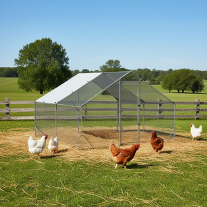 Gallinero metálico grande de 9.8 x 9.8 x 6.6 pies con cubierta impermeable, techo a dos aguas y acceso interior para patos y gallinas. - Product Image 2