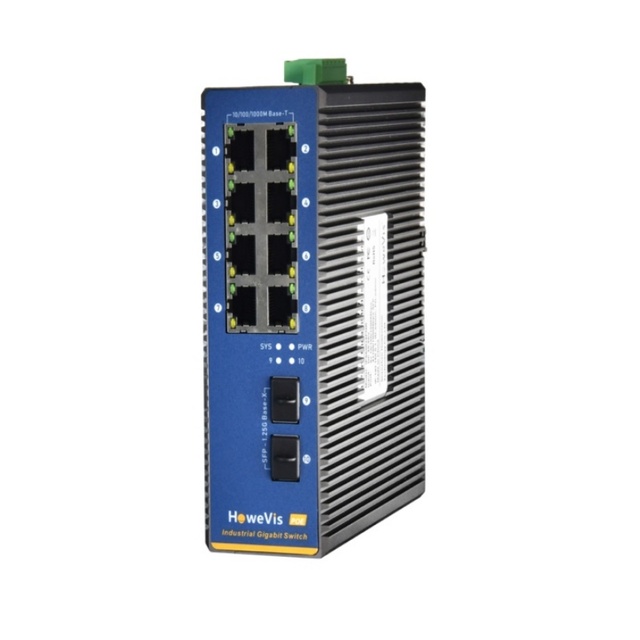 HoweVis 12v Poe Switch DIN Rail Network Switch Unmanaged 2 X 100/1000M SFP Port + 8 X 10/100/1000M RJ45 Full-Duplex Half-Duplex