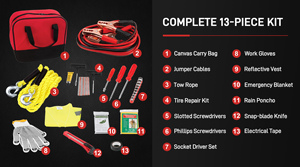 Kit de Asistencia en Carretera para Automóviles, Portátil, 13 Piezas, Juego de Herramientas de Emergencia con Cables de Arranque y Cuerda de Remolque para Autos, Camionetas y SUV - Product Image 2