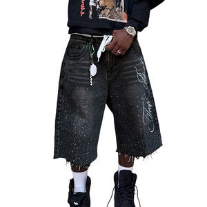 Jeans d'été décontractés pour hommes, shorts rétro longueur <span class=keywords><strong>genou</strong></span> avec lettres et poches brodées, vêtements de mode de rue, - Product Image 4