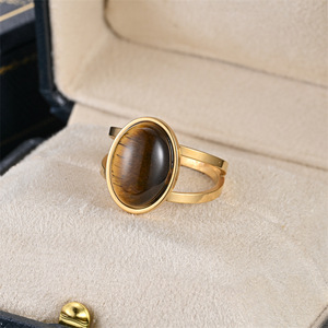 Anelli Regolabili in Acciaio Inossidabile Placcato Oro 18K con Pietre Ovali di Turchese, Quarzo, Giada e Occhio di Tigre per Uomo e Donna - Product Image 6
