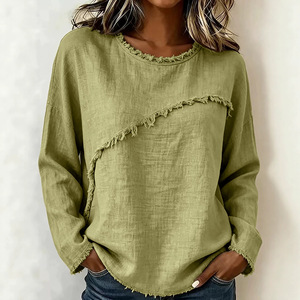 Nuova <span class=keywords><strong>Maglietta</strong></span> Casual da Donna Primavera-Autunno, Maniche Lunghe, Vestibilità Ampia, Collo Tondo, Bordo Grezzo con <span class=keywords><strong>Frange</strong></span> - Product Image 4