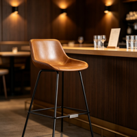 Tabouret de bar vintage en cuir PU avec dossier et pieds en fer, hauteur de comptoir pour îlot de cuisine et bar de café