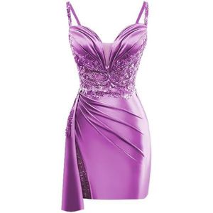 Vestidos de fiesta de satén con cuello en V Vestido corto de encaje de sirena Vestido de cóctel ajustado plisado con cola - Product Image 1