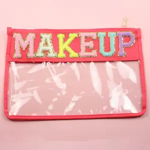 Colorful Chenille Letter Pattern Cosmetic Bag Lightweight Transparent Storage Pouch Makeup Pouch