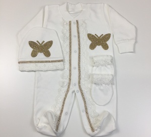 Conjunto de Mameluco para Bebé Niña de Alta Calidad al por Mayor, 100% Algodón, Tejido de Punto, Manga Larga, Cierre de Botones, Aplique de Mariposa Personalizado - Product Image 3
