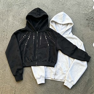 Custom Streetwear Drop Shoulder Boxy Fit French Terry 100% Cotton <b>Zip</b> up Rivet Studded Heavyweight Men Hoodies - Product Image 3