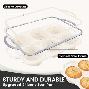 MUYULINS Factory Beige 6-Cup LFGB Non-Stick BPA Free Metal Reinforced Frame Large <b>Silicone</b> Cupcake Pan American Muffin Tray - Product Image 2