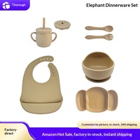 Nouvel ensemble de 7 pièces d'assiettes et de bols en silicone en forme d'éléphant pour bébé, design minimaliste de dessin animé pour l'alimentation des enfants