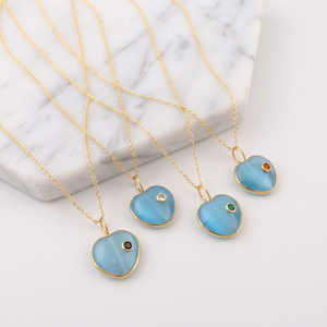 Minimalist Punk Style Charms Jewelry Blue Cat's Eye Heart Statement Pendant Cubic Zirconia 18k Gold Plated Bezel Set Necklace - Product Image 5
