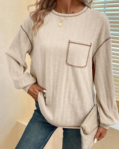 T-shirts à manches longues pour femmes, col rond, couleur unie, respirants, fabriqués directement en usine, mode automne-hiver, hauts décontractés avec poche - Product Image 2