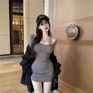 Off The Shoulder Bodycon Dress Women Gray Black Solid Color Cut Out Natural Waistline Cocktail Dress Spring Elegant Sexy Style - Product Image 3