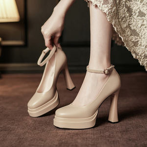 Mary Jane Pumps Women Round Toe Block Heel Ankle Strap Solid Color <b>Height</b> <b>Increasing</b> Wedding <b>Shoes</b> Y9595-1 - Product Image 4